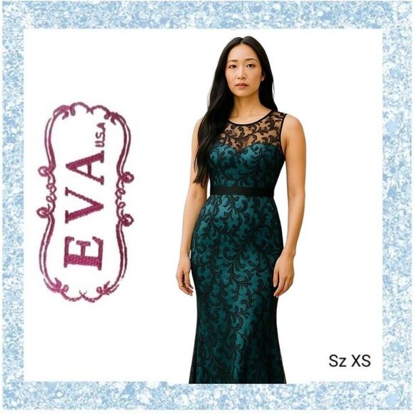 Formal Blue Satin & Lace Sweetheart Black Overlay Empire Waist Long Maxi Dress - Picture 1 of 12